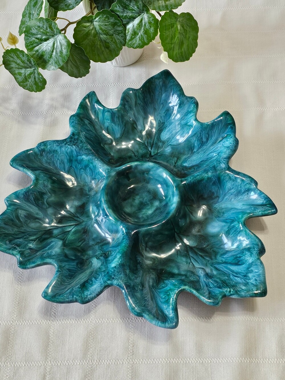 Teal Swirl Leaf-Shaped Decorative Serving Bowl